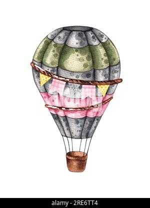 Wasserfarbener Heißluftballon, handgezeichnet. Flugzeug isoliert auf weißem Hintergrund. Fabelhafte Illustration für Designkarten, Einladungen, Stoffaufkleber, wa Stockfoto