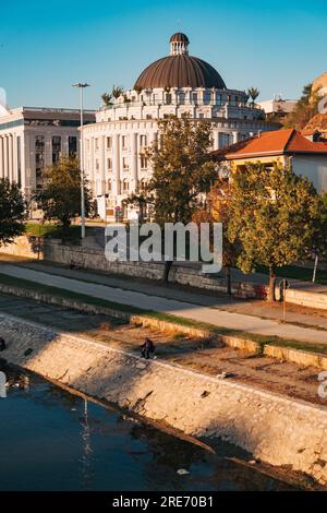 the round shaped Department of Water and Sewer administrative building in Skopje, North Macedonia. Stock Photo