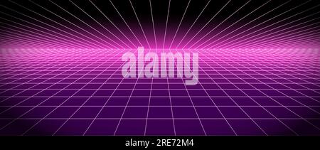 Retro futuristischer Grid-Hintergrund verschwindet in der Ferne. Leuchtendes Neonpink leuchtender Fliesenboden und Decke, die in der Perspektive verblassen. Lattice plane Landschaftstapete. Abstrakte horizontale Fläche. Vektor Stock Vektor