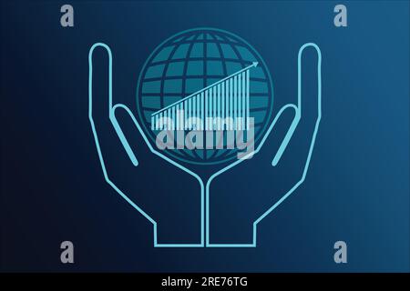 Hände mit einem Diagramm für Unternehmen mit einem Globus-Symbol auf blauem Hintergrund, Vektordarstellung. Stock Vektor