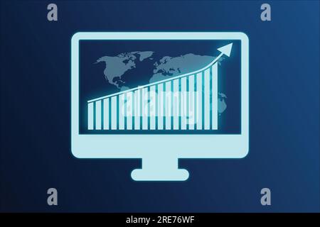 Diagramm für Unternehmen des Börsenhandels auf einem Computerbildschirm mit Weltkarte auf blauem Hintergrund. Vektordarstellung. Stock Vektor