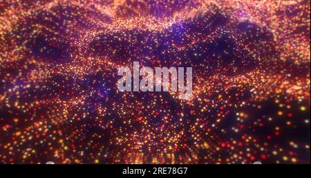 Gelbe orangefarbene Wellen von Energiepartikeln magisch leuchtende futuristische High-Tech-Lichtpunkte abstrakter Hintergrund. Stockfoto