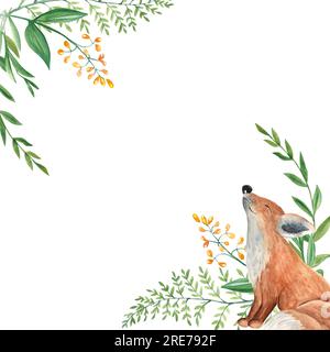 Aquarell quadratischer Waldrahmen, Grenze mit Babyfuchs, Farn, grünen Zweigen und gelben Wildblumen isoliert auf weißem Hintergrund. Handgezeichnet botanisch Stockfoto