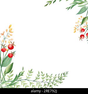 Quadratischer Waldrahmen in Aquarellfarben, Grenze mit Farn, grünen Zweigen, roten und gelben Beeren und Wildblumen isoliert auf weißem Hintergrund. Handgezeichnet Stockfoto