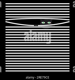 Schwarze Katze mit grünen Augen hinter weißen Jalousien Stock Vektor