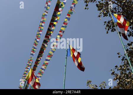 Flaggen hängen an Schnur und Stange auf hellblauem Hintergrund, Flaggen in verschiedenen Farben flattern in weichem sonnigen blauen Himmel Stockfoto