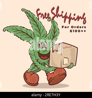 Flippiges Gesicht Unkrautbekämpfungspaket für kostenlosen Versand Retro-Maskottchen. Cannabis Vintage-Maskottchen-Vektorillutation Stock Vektor