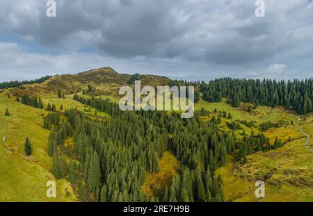 Die Alpenregion um den Riedbergpass im Herbstallgaeu von oben Stockfoto