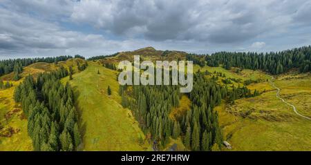 Die Alpenregion um den Riedbergpass im Herbstallgaeu von oben Stockfoto