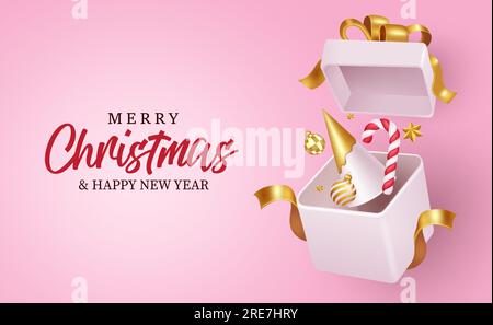 „Merry christmas“-Textvektordesign. Grußkarte zur Weihnachtszeit mit Überraschungsgeschenken auf pinkfarbenem Hintergrund. Vektorabbildung Weihnachten Stock Vektor