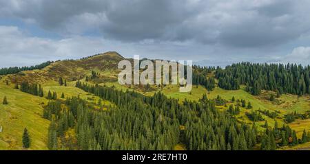 Die Alpenregion um den Riedbergpass im Herbstallgaeu von oben Stockfoto