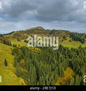 Die Alpenregion um den Riedbergpass im Herbstallgaeu von oben Stockfoto