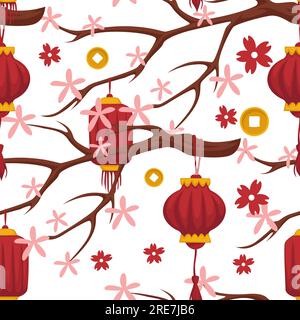 Asiatische Kultur und orientalische Motive, isolierte Zweige von Bäumen mit Laub und Blüte von Blumen. Rote Papierlaternen, Münzen für Glück und Wohlstand. Stock Vektor