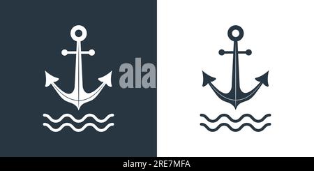 Ankersymbole festgelegt. Marinelogo. Nautische Symbole isoliert auf schwarzem und weißem Hintergrund. Vektordarstellung in flacher Form Stock Vektor