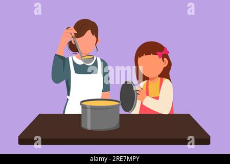 Flache Grafik, auf der die kleine Tochter mit dem Deckel der Pfanne und ihre wunderschöne mutter Speisen oder Suppe mit einem Gemüselöffel verkosten. Zusammen kochen Stockfoto