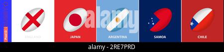 Rugby-Ball mit der Flagge von Pool D des Rugbyturniers. Flagge von England, Japan, Argentinien, Samoa, Chile. Stock Vektor