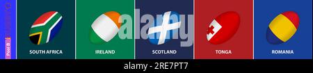 Rugbyball mit der Flagge von Pool B des Rugbyturniers. Flagge Südafrikas, Irlands, Schottlands, Tonga, Rumäniens. Stock Vektor