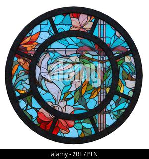 Rundes gefärbtes Glasfenster, isoliert auf weiß, 3D-Rendering. Stockfoto