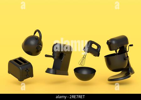 Espressomaschine, Handmixer, Wasserkocher und Toaster für die Zubereitung des Frühstücks auf monochromem Hintergrund. 3D Render der Kaffeeanne für die Herstellung von Latte Stockfoto