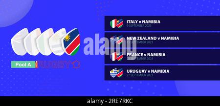 Spielplan der Rugby-Nationalmannschaft Namibia in der Gruppenphase des internationalen Rugby-Wettbewerbs. Vektorsatz. Stock Vektor