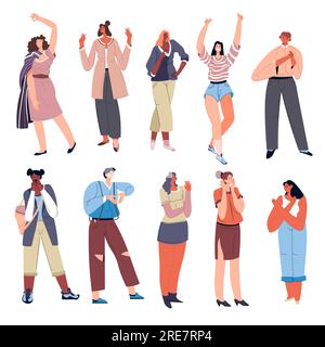 Menschen, die Gefühle zeigen, isolierte Männer und Frauen mit Stoppschild, verschränkte Arme. Hände hoch, okay und festlich oder feierlich. Nonverbal Stock Vektor