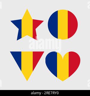 Rumänische Flaggensymbole Satz von Illustrationen in Form von Herz, Stern, Kreis und Karte Stock Vektor
