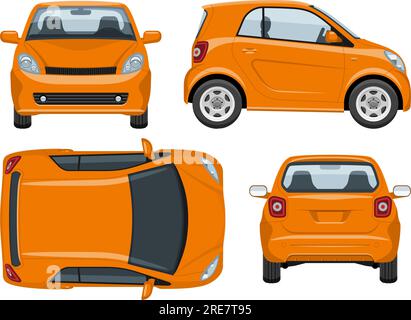Vektorvorlage für kleine Autos, einfache Farben ohne Verläufe und Effekte. Ansicht von der Seite, von der Vorderseite, von der Rückseite und von oben Stock Vektor