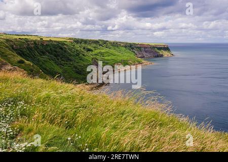 Blick von der Klippe auf das Vorgewende von Kettleness vom Cleveland Way Langstreckenpfad. Das ist etwa anderthalb Meilen von Sandsend entfernt, die nach Norden schauen. Stockfoto