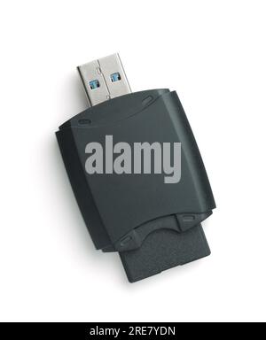 Ansicht von oben: USB-SD-Speicherkartenleser auf weiß isoliert Stockfoto