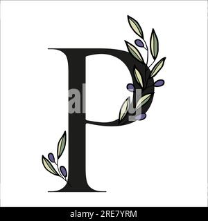 Buchstaben mit olivem Zweig zur Gestaltung einer Karte oder Hochzeitseinladung. Von Hand gezeichnete Vektordarstellung für die Konstruktion Stock Vektor