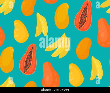 Einfaches, nahtloses Vektormuster mit tropischen Früchten. Konsistenz mit Mango, Papaya und Bananen auf türkisfarbenem Hintergrund. Oberflächengestaltung für Stoffe Stock Vektor