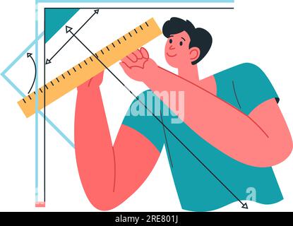 Männliche Charaktermacher Projekt, Baumeister oder Ingenieur, Architekt oder Arbeiter. Verwendung von geometrischen Werkzeugen für Präzision, Konstruktion und Erstellung von Spezifikationen Stock Vektor