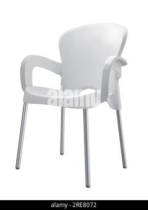 Weißer Kunststoffsessel mit Aluminiumbeinen, isoliert auf weiß Stockfoto