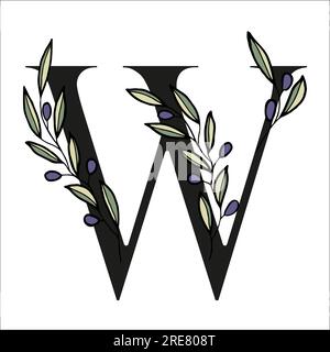 Buchstaben mit olivem Zweig zur Gestaltung einer Karte oder Hochzeitseinladung. Von Hand gezeichnete Vektordarstellung für die Konstruktion Stock Vektor