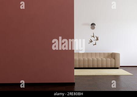 Dunkelrote Wand und ein Wohnzimmer dahinter, 3D-Rendering Stockfoto