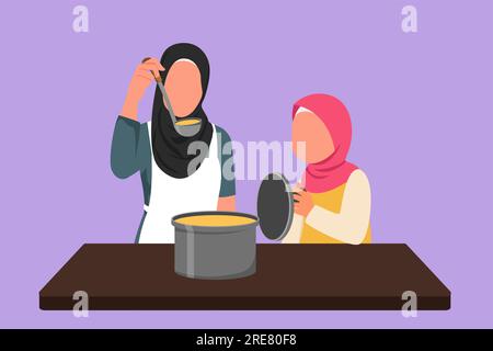 Grafisches, flaches Design mit einer arabischen kleinen Tochter, die einen Deckel in der Pfanne hält, und einer wunderschönen mutter, die mit einem Gemüselöffel Essen oder Suppe verkostet. Kochen zusammen in Ki Stockfoto