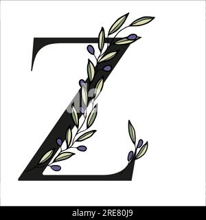 Buchstaben mit olivem Zweig zur Gestaltung einer Karte oder Hochzeitseinladung. Von Hand gezeichnete Vektordarstellung für die Konstruktion Stock Vektor