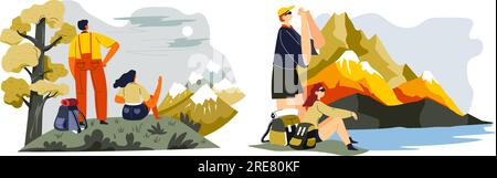 Abenteuer und Reisen, Leute, die in die Berge fahren, um die Landschaft zu erkunden. Auf dem Gipfel stehen. Rucksacktouristen und Camper im Urlaub, Touristen mit Taschen in w Stock Vektor
