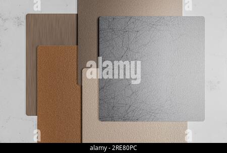Metallproben auf dem Boden, metallische Oberflächen, Draufsicht Stockfoto