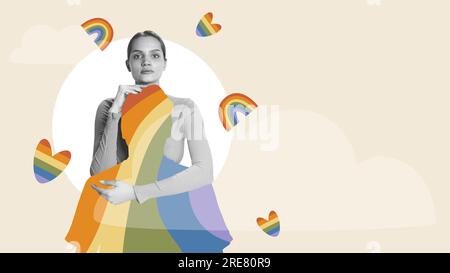 Schöne junge Frau, die eine menschliche Silhouette umarmt. Regenbogenherzen-Elemente. Collage für zeitgenössische Kunst. Stockfoto