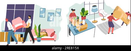 Lieferunternehmen hilft beim Umzug und der Platzierung von Möbeln in einer neuen Wohnung. Modernes Innendesign und Auspacken. Paare zusammenbauen und Hom machen Stock Vektor