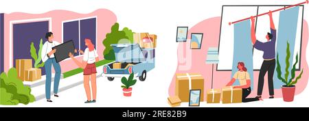 Leute, die Möbel verlegen, neue Wohnungen aufstellen, den Wohnort wechseln. Personage mit Kisten und Paketen, mieten oder kaufen von Immobilien für Familien Stock Vektor