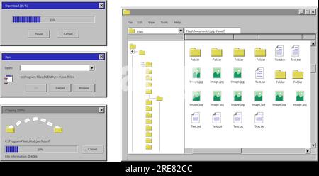 Schnittstellen von Windows XP, Anwendungen und Tabellen mit Schaltflächen und Informationen. Vorlage und Beispiele, zeitgenössische Programmierung. Ordner mit Dateien und Stock Vektor