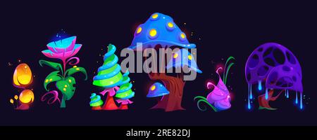 Fantasy Magic Waldpilze und Baumspiel Vektorset. Märchenhafte außerirdische Planeten-Welt-Clipart mit psychedelischem Element und Neonglühen. Mysteriöse und fantastische, leuchtende Pflanzen-Sammlung Stock Vektor