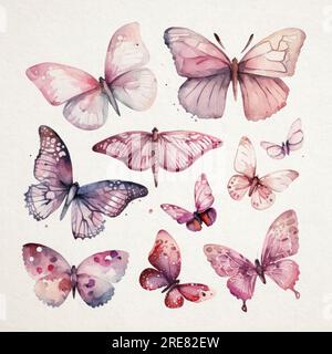 Sammlung von Aquarellen in Pink auf weißem Papierhintergrund Stockfoto