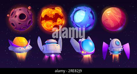 Ein Cartoon-Set von außerirdischen Planeten und Raumschiffen, isoliert am Sternenhimmel bei Nacht. Vektordarstellung von Objekten im Weltraum, Mond, Sonne, Stern, Asteroiden und Fantasy-Raumschiff, das fliegt. Zukunftstechnologie Stock Vektor