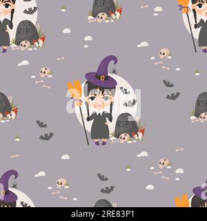 Nahtloses Muster an Halloween. Süßes gotisches Hexenmädchen mit Zöpfen und Besen nahe dem Grab, mit Schädel und Fledermäusen auf grauem Hintergrund. Vektordarstellung im Auto Stock Vektor