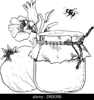 Happy Rosh Hashanah Grußkartenvorlage mit Honigglas, Granatapfelobst, Blumen und Bienenvektorlinien Stock Vektor