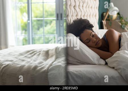 Birassische Frau schläft im Bett im Schlafzimmer Stockfoto
