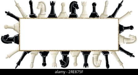 Horizontale Schachfiguren Banner Rahmenvorlage Aquarell Illustration mit Kopierbereich für Text. Handgezeichneter Clipart für Sport-, Spiele- und Hobbydesigns Stockfoto